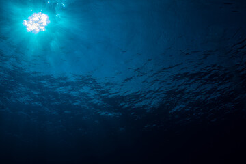 Fototapeta na wymiar Sun with rays look from underwater