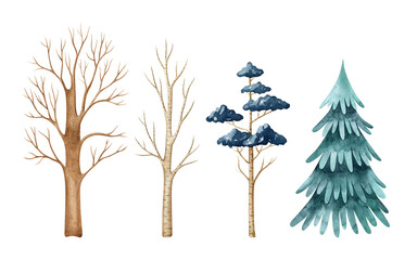 Watercolor set with stylized trees: fir-tree, pine, bare foliar trees isolated on white background.  Cartoon hand drawn clipart. Nursery illustration.