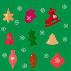 Set of Christmas tree decorations on a green background