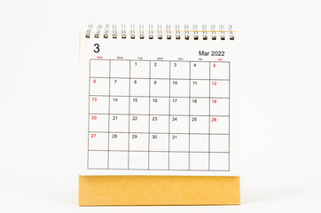 March 2022 desk calendar on white