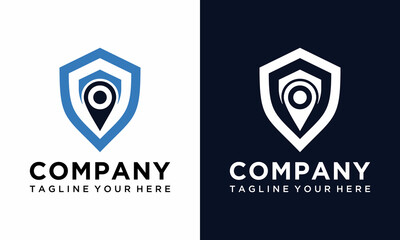 Safe place logo - shield and address pointer symbol. Security and travelling vector icon. on a black and white background.