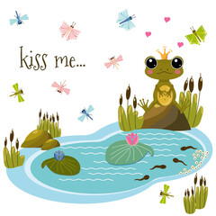 Vector image with a cute frog in love on a pond surrounded by butterflies and dragonflies. Vector illustration for clothing, packaging, gifts, cards, posters and stationery.