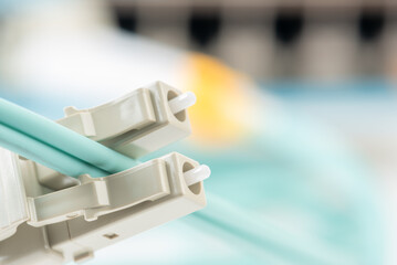 Duplex fiber optic patch cord with connectors type LC close-up