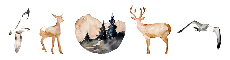 Cute forest watercolor symbols with woody landscape. Scandinavian decorative illustration. Forest set graphics: spruce, leaves, deer. hildish texture for fabric © Маргарита Шевчишена