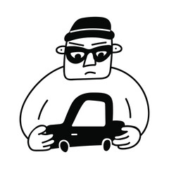 Outline icon. Thief stealing car. Hand drawn vector illustration on white background.