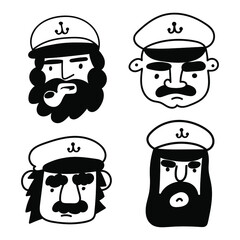 Collection of icons. Faces of captain. Outline vector illustration on white background. 