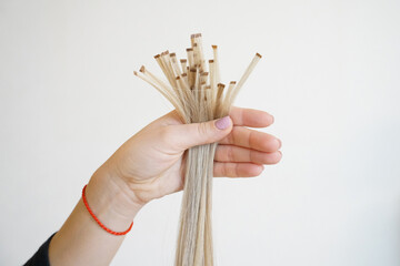 Natural Hair extensions blonde woman.  Keratin capsules of blonde hair extensions in the hand on...