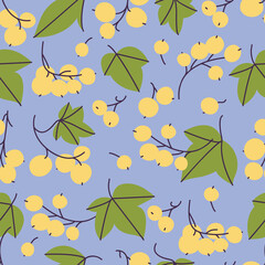 Vector illustration branches of white currant berries and green leaves. Seamless pattern.