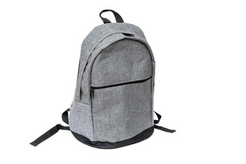 Classic gray backpack isolated on white, side view