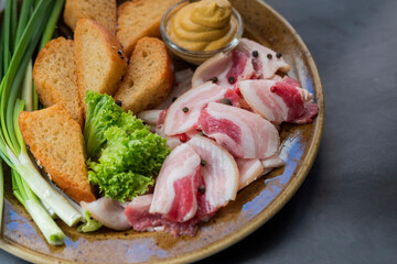 Ukrainian food. plate of appetizer with chopped salo lard with green onions and mustard with bread