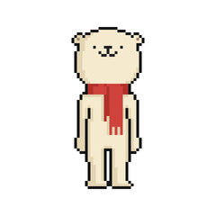 Cartoon polar bear in a red scarf. New Year and Christmas pixel art on white background. Vector illustration.