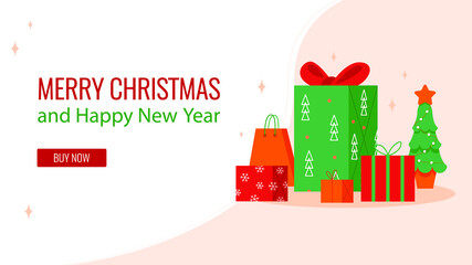 Fototapeta na wymiar Web banner. Set of bright gift boxes. Fflat vector illustration of festive boxes isolated on white background. Merry Christmas and Happy Hew Year.