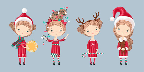 Cute cartoon girls in winter costumes and res santa's hats