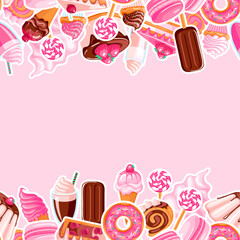 Pattern of pink and chocolate sweet food stickers. Cartoon donuts, ice cream, muffins, smoothies, macaroons and candies on pink background. Vector illustration for your design.