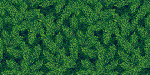 Fluffy branches of a Christmas tree. Green coniferous background. Christmas seamless pattern.Texture for fabric, wrapping, wallpaper