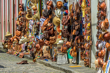 Traditional commerce of typical products, souvenirs and musical instruments of various types on the streets of Pelourinho in the city of Salvador, Bahia