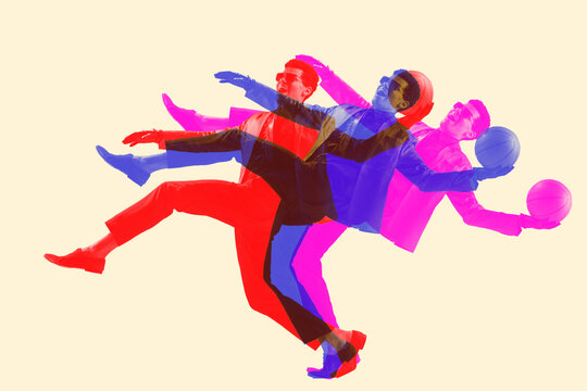 High-fashion style man playing basketball with glitch duotone effect. Young sporty model at studio and double colorful shadows
