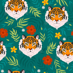 Obraz premium Tropical seamless pattern with tigers and leaves. Vector graphics.