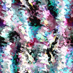 Messy summer tie dye batik beach wear pattern. Seamless colorful stain space dyed effect fashion. Washed out soft furnishing background. 