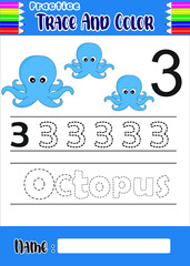 number trace and color. cute octopus. for kids. 
