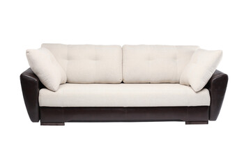 Luxury leather sofa on white isolated background. Upholstered furniture for the living room and office. Modern sofa.