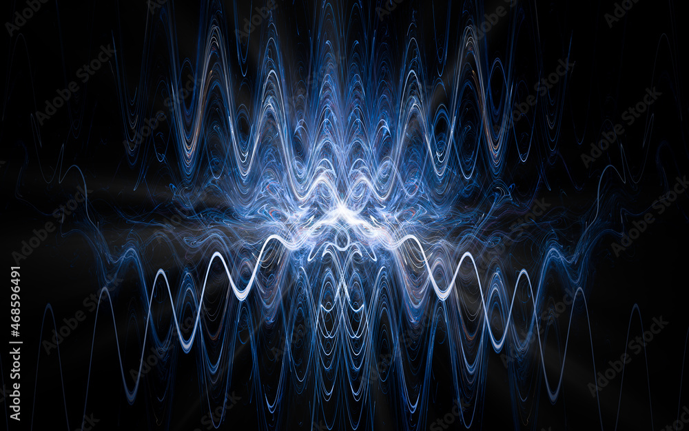 Poster abstract computer illustrations of fantastic energy waves of various shapes and shades on a black ba