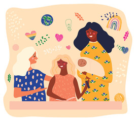 LGBTQ couple with children, gays, lesbians, moms, child and baby studying homework. Relations and rights of homosexual partners. Vector illustration in a flat cartoon style