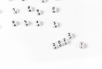 blocks, cubes with numbers 2022 new year and other numbers on white background