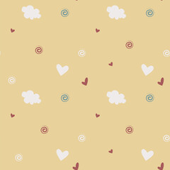 Vector seamless cute kids pattern with hearts, clouds in Scandinavian style for fabrics, paper, textile, gift wrap isolated on yellow background 