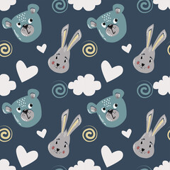 Vector skandy cute seamless pattern with bear balloon, rabbit, clouds, heart in Scandinavian style for fabrics, paper, textile, gift wrap isolated on blue background for kids room or postcard