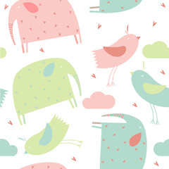 Cute seamless background with elephants and birds. Pattern for children. Cartoon elephant. Can be printed on fabric.