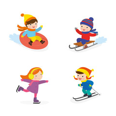 Set of children doing winter activities. Little boys sledding, isolated on white background