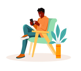 African american man uses a smartphone while sitting on a blue chair. Guy holding smartphone and spending time online. Vector illustration in flat style.