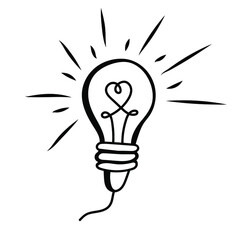 Sparkling light bulb with spiral in heart shape. Happy Valentines day hand-drawn decorations. Vector illustration in doodle style.