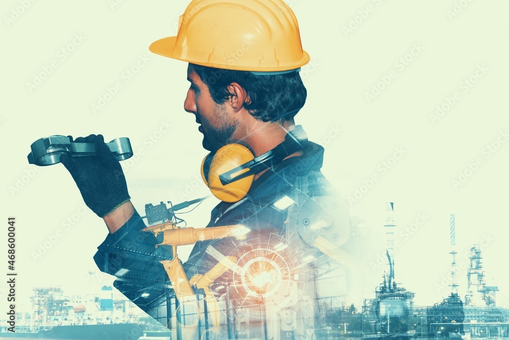 Poster mechanized industry robot arm and factory worker double exposure . concept of robotics technology fo