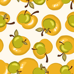 Seamless pattern with apple on white background. Natural delicious fresh ripe tasty fruit. Vector illustration for print, fabric, textile, banner, design. Stylized apples with leaves. Food concept