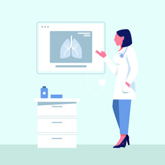 Pulmonologist. Medicine concept with woman doctor looking at x-ray of the lungs. Consulting and diagnostics. Modern flat vector illustration.
