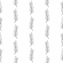 Seamless pattern line art black color sprig branch with leaves on a white background. For textiles, advertising, packaging