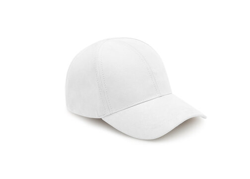 White baseball cap isolated on white background. Baseball cap in angles view front and back. Canvas fabric cap for premium gift design.