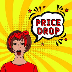 Price drop. Comic book explosion with text -  Price drop. Interesting facts symbol. Vector bright cartoon illustration in retro pop art style. Can be used for business, marketing and advertising. 
