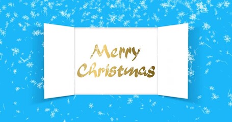 Christmas advent calendar door opening. On Christmas day an open wide doors, falling snowflakes on blue background. Animation festive Christmas illustration. 4K video graphic animation