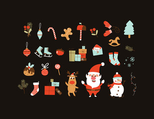 Christmas vector clipart collection with Santa Claus, deer, snowman, gift boxes, sweets, Christmas tree decorations and paraphernalia.