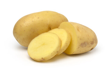 raw potatoes and slices isolated on white background, with clipping path..