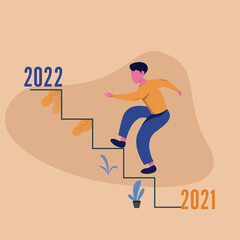 Background vector illustration,. businessman are currently on the stairs leading up to 2022. flat design style. suitable for landing page, UI, animation, news