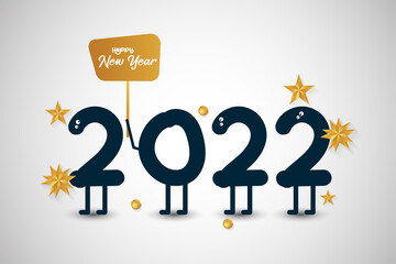 funny happy new year 2022 greetings with gold stars element. Brochure design template, card, banner. Vector illustration. Isolated on white background.