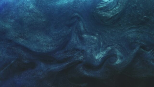 Glitter fluid background. Sea storm. Underwater splash. Blue glowing shimmering dust particles mist cloud swirl flow animation dark abstract layer.