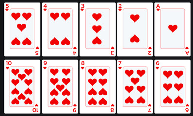 Illustration of ten hearts cards on a black background for posters, icons, symbols, websites.