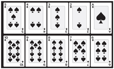 Illustration of ten spades cards on a black background for posters, icons, symbols, websites