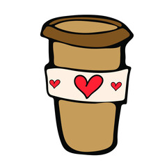 Cup of coffee to go. Take away  hot drink. Happy Valentines day hand-drawn decorations. Vector illustration in doodle style.