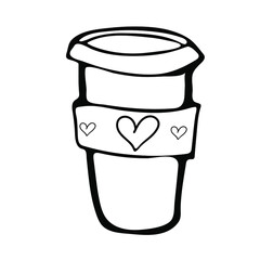 Cup of coffee to go. Take away  hot drink. Happy Valentines day hand-drawn decorations. Vector illustration in doodle style.